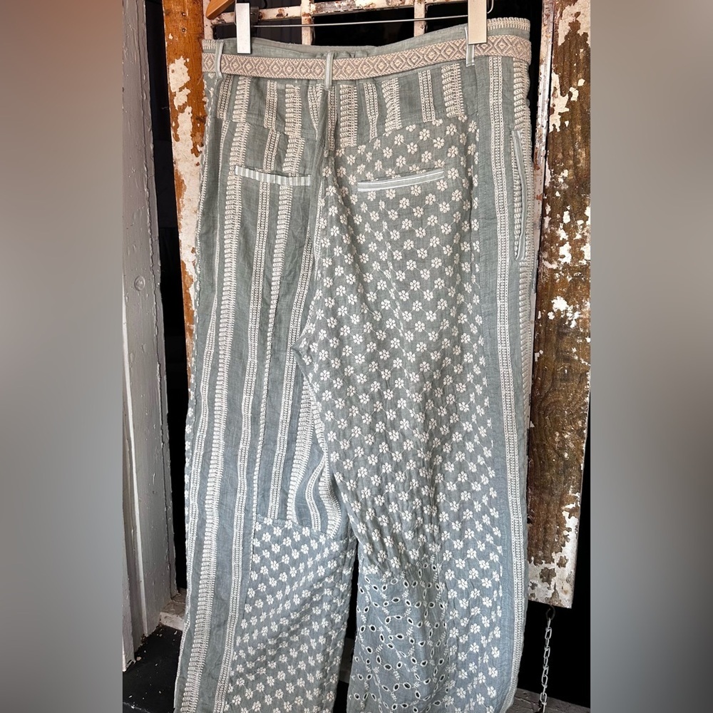 ZARA Embroidered Patchwork Wide Leg Pants Sage Boho High Rise Belted XXL - Picture 8 of 10